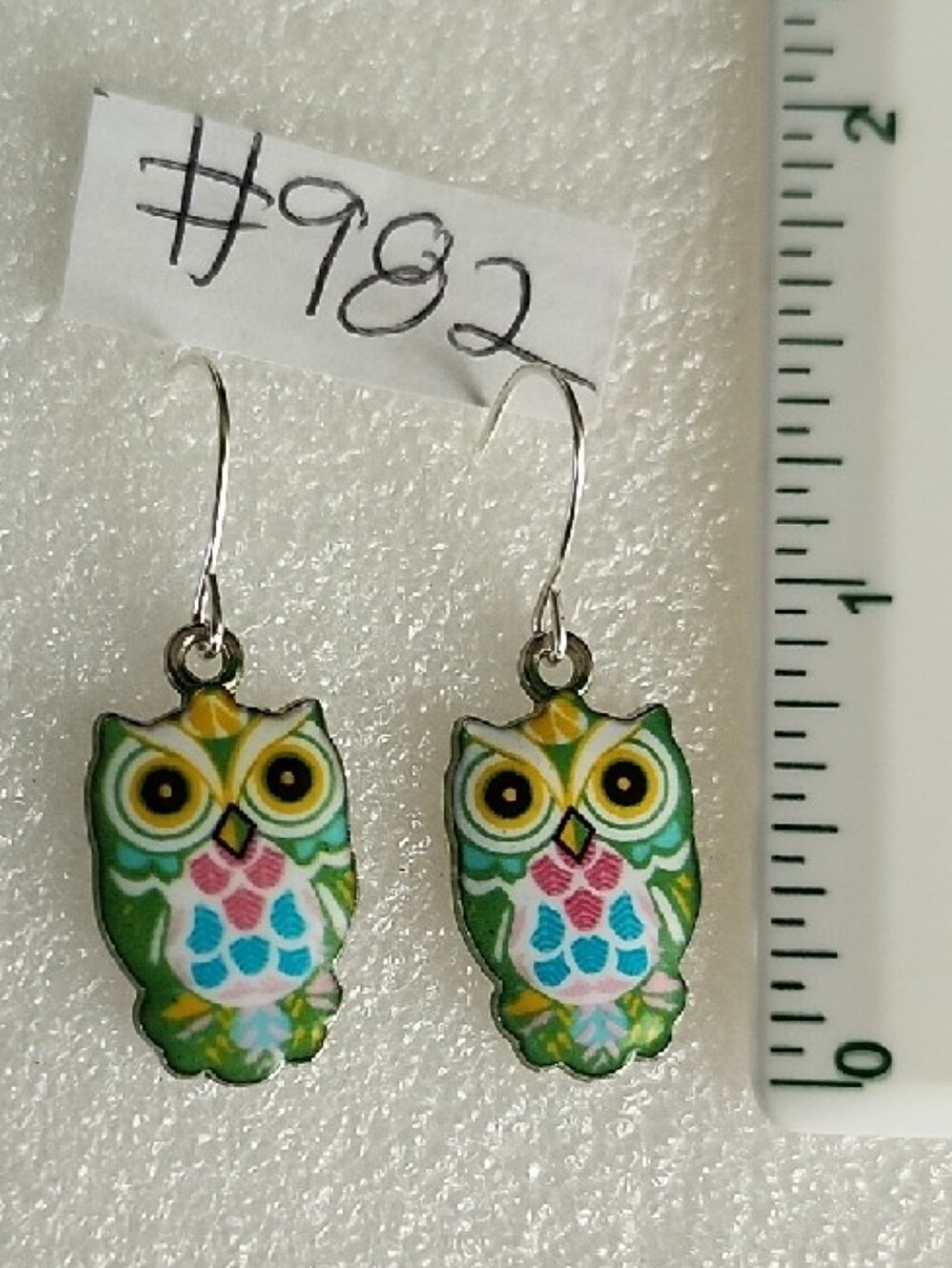 Hand Crafted Green Multicolor Owl Dangle Earrings - Picture 2 of 3